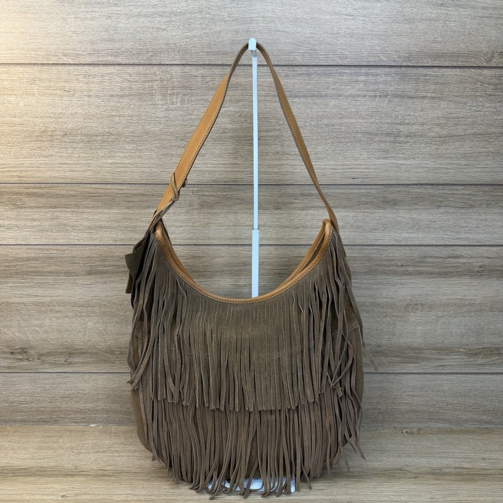 Vilenca Holland Cognac Brown Suede Leather Fringe Hobo Bag Boho Festival Western